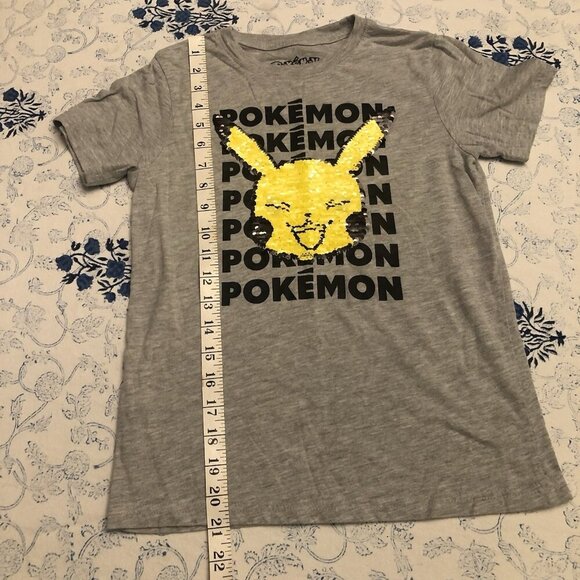 Pikachu Pokemon Flip Sequins Youth Size M Unisex Short Sleeve Heather Gray - Picture 10 of 11